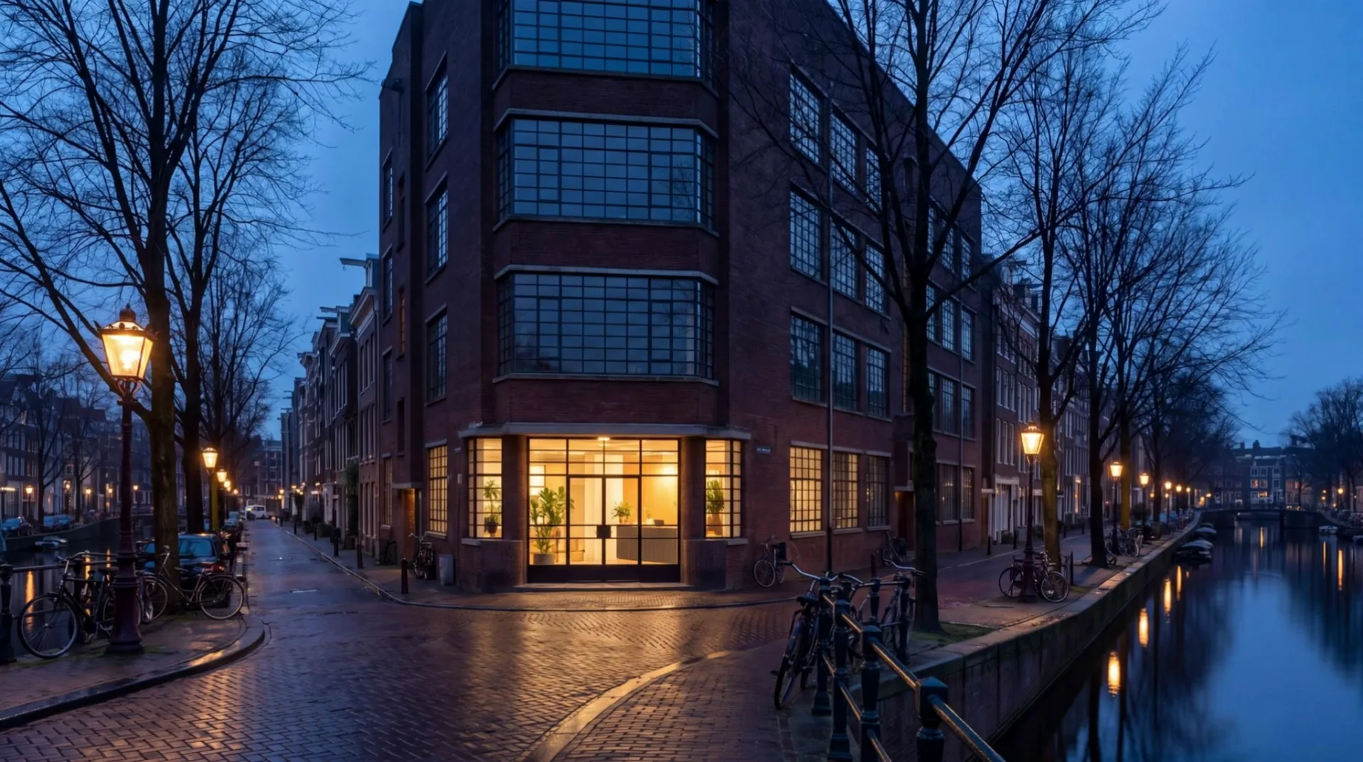 Kantoorpand aan een Amsterdamse gracht in de avond