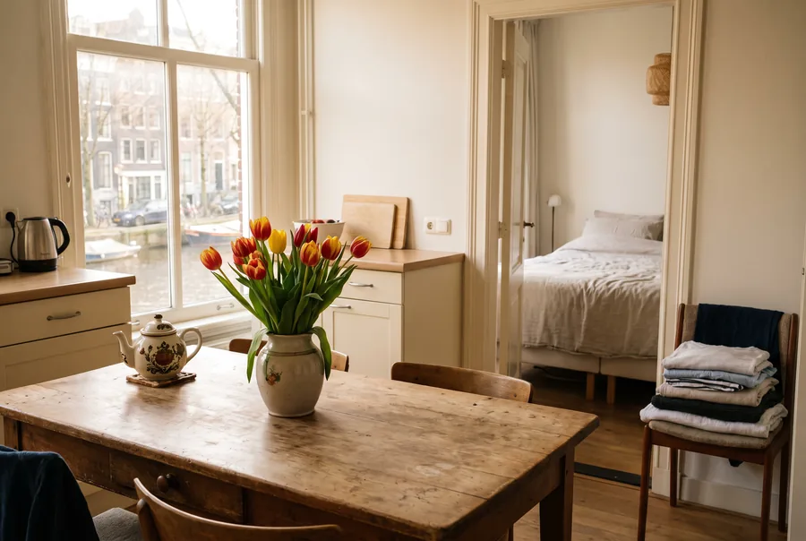 Opgeruimde keuken in een Amsterdamse woning met tulpen op tafel